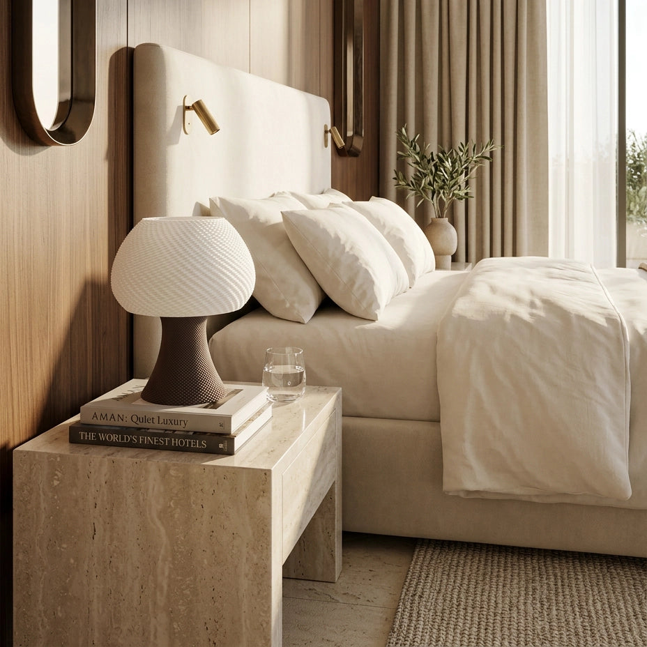 Lampe Robéa à base grise sur une table de chevet dans une chambre