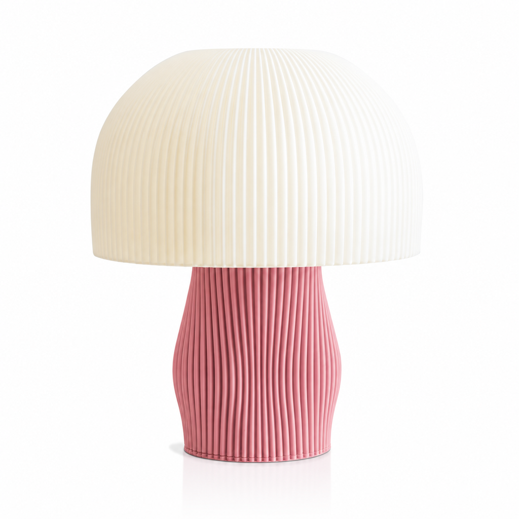 Lampe de table Elio rose, base nervurée en PLA et abat-jour ivoire