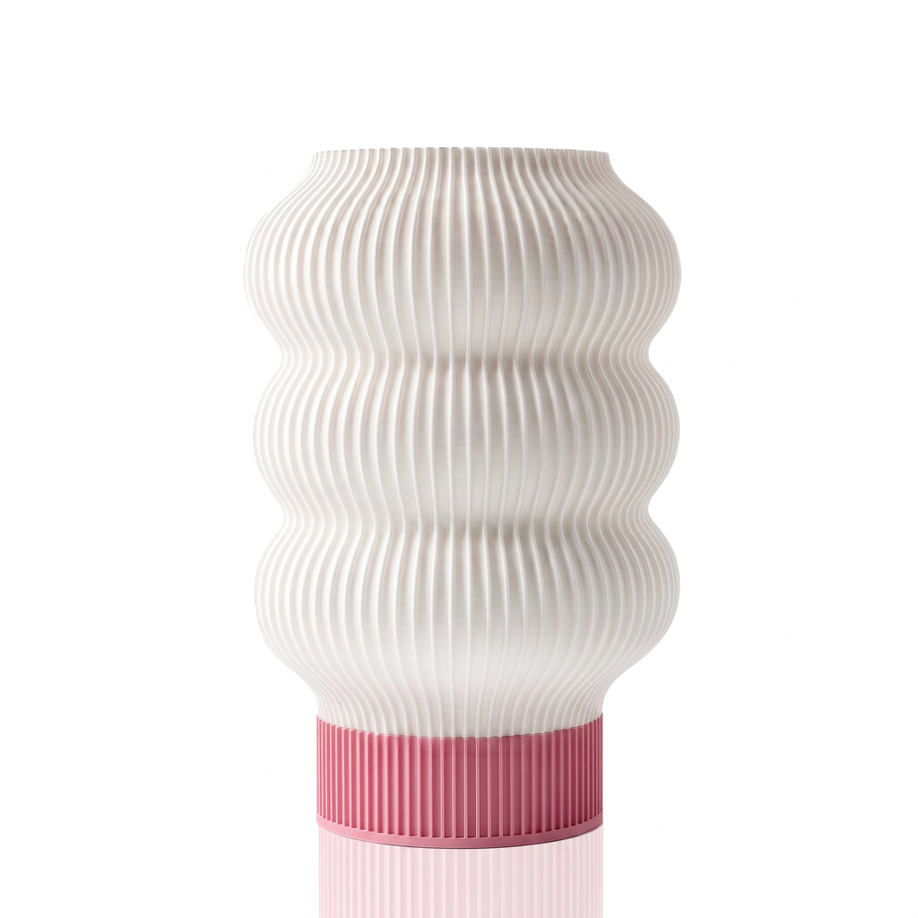 Lampe de table Lumya rose, vue rapprochée du pied sculptural nervuré