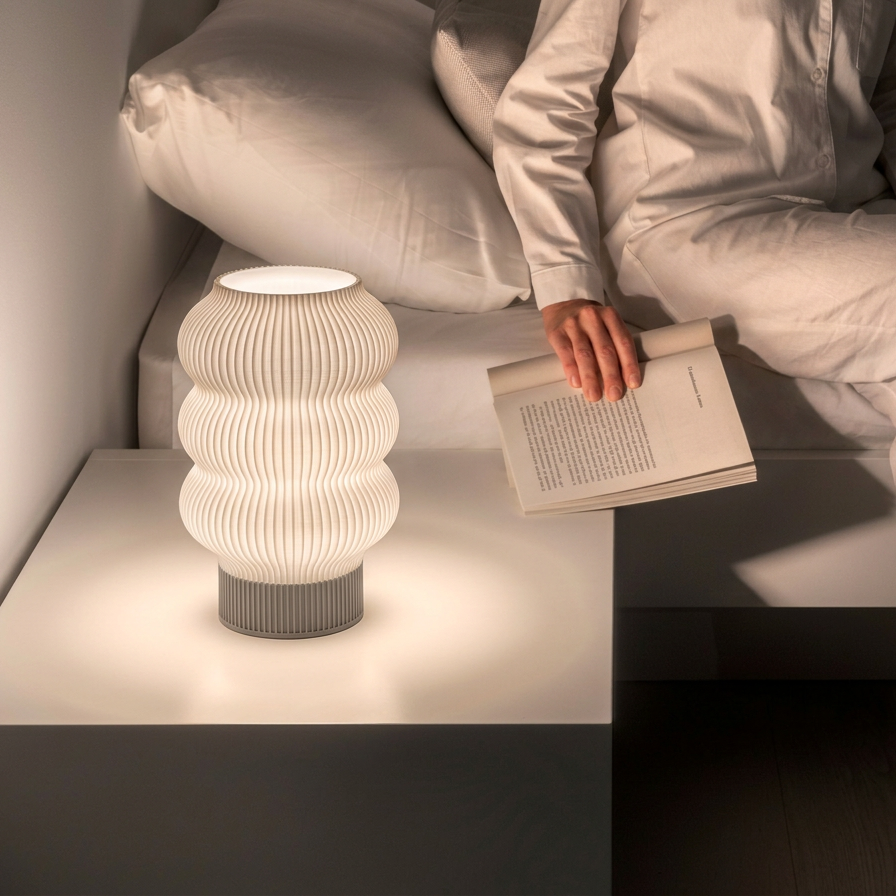 Lampe Lumya allumée sur une table de chevet près d’une personne qui lit
