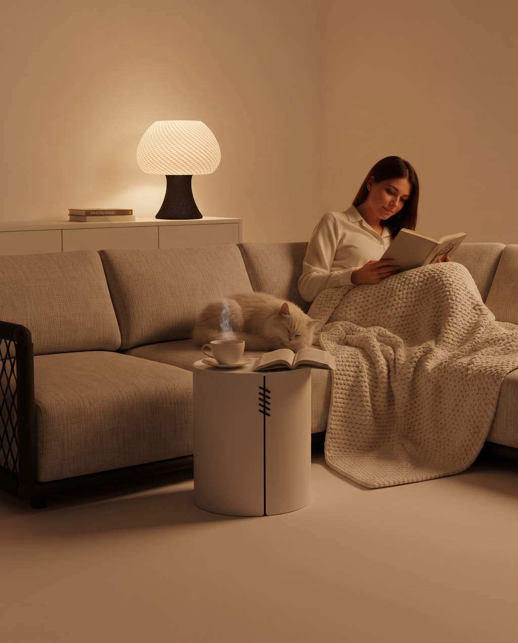 Lampe Robéa noire allumée dans une chambre, près d’une personne qui lit