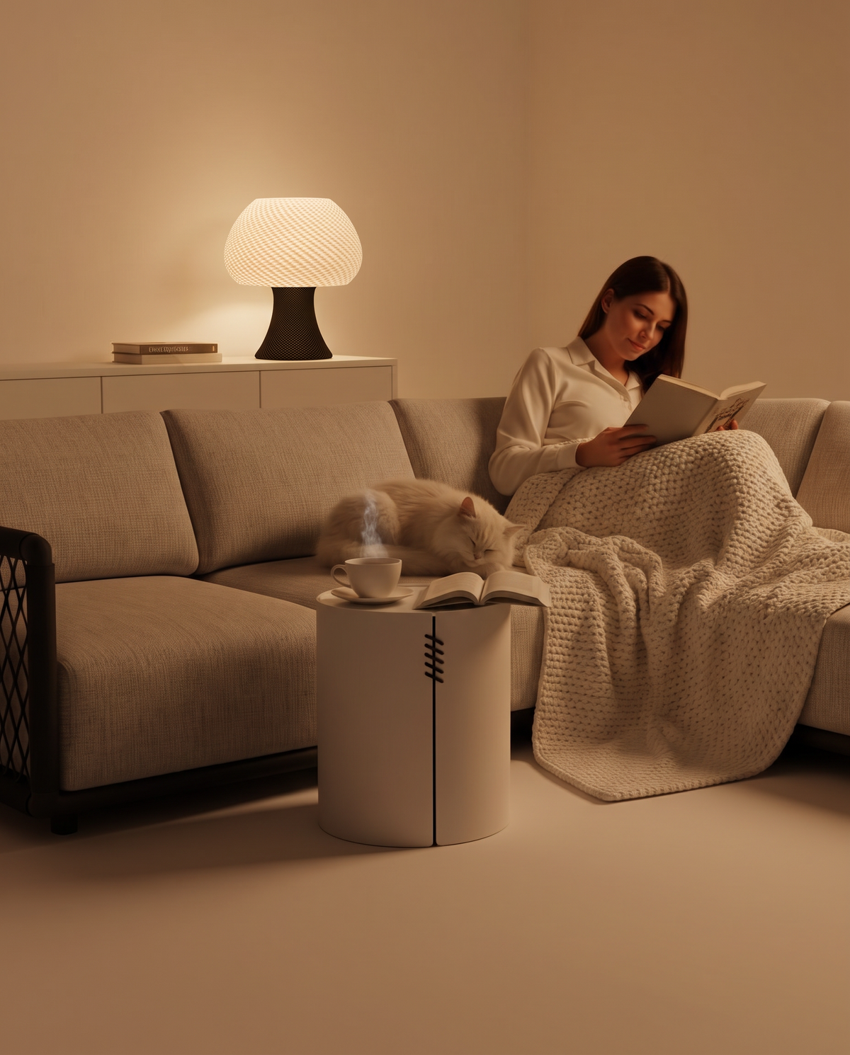Lampe Robéa noire allumée dans une chambre, près d’une personne qui lit