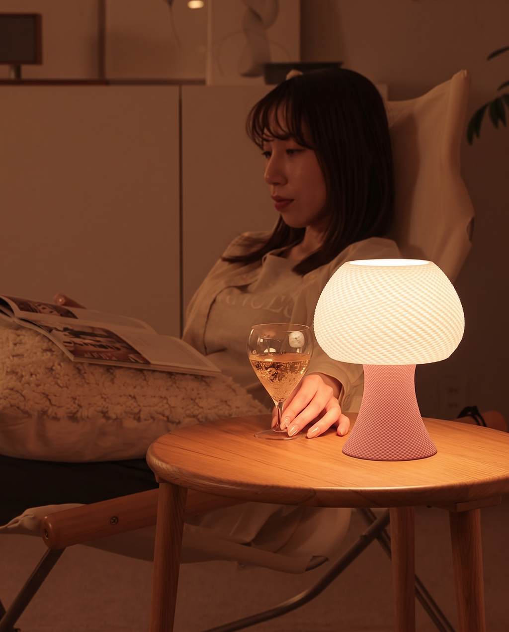 Lampe Robéa à base rose allumée près d’une personne installée au lit