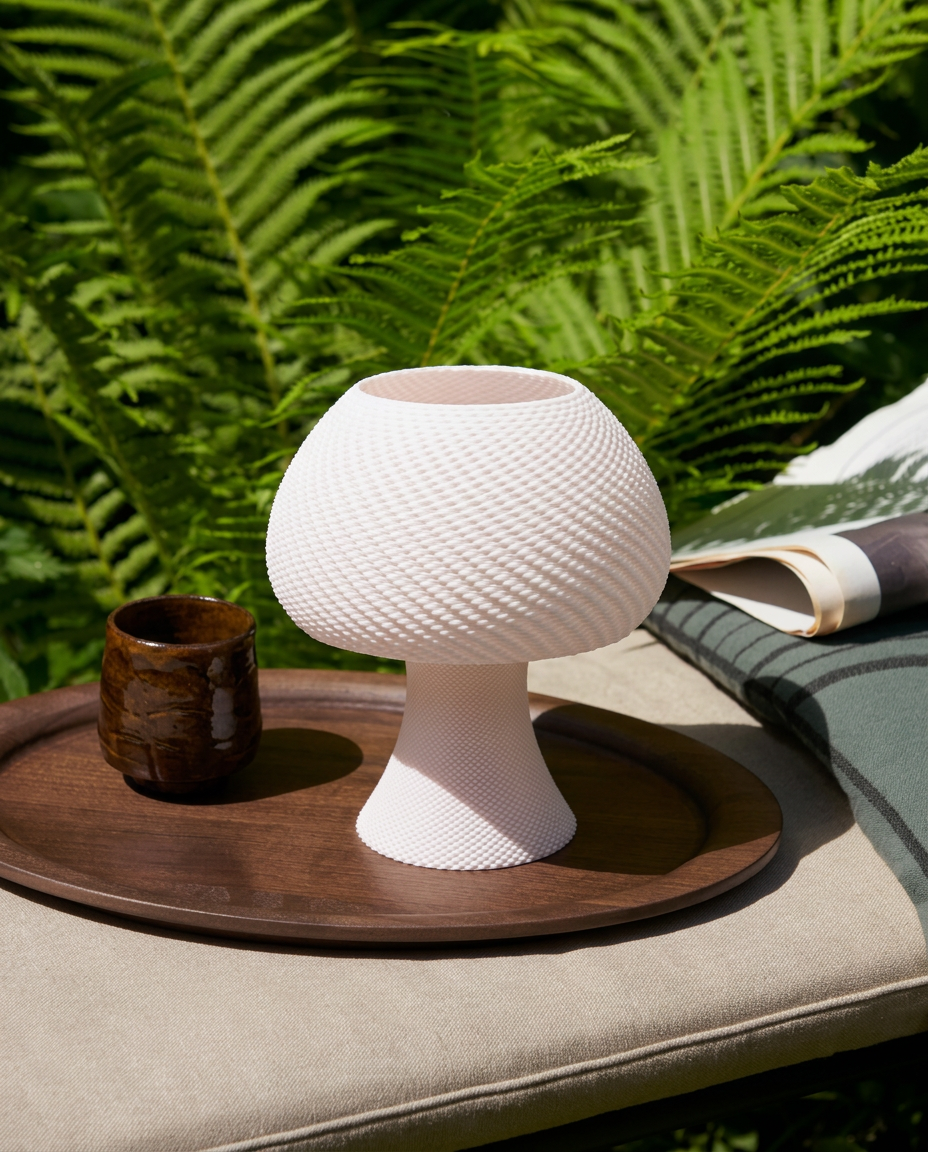Lampe de table Robéa blanche dans un espace extérieur verdoyant